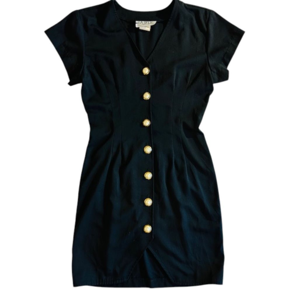 La Belle Vintage Black Button Front Dress Short Sleeve V-Neck Career Office Wear